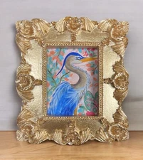 Great Blue Heron bird mini watercolor print in gold vintage style ornate frame