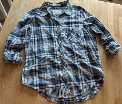 Abercrombie & Fitch women's L blue white plaid button roll cuff New York A&F - Picture 2 of 7
