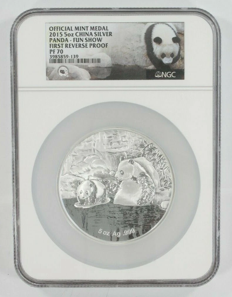 2015 5 Oz. de Plata Panda - Diversión Mostrar Graduado Por NGC Como Pf 70 Primer