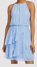 79 Bcx Women's Blue Juniors' Clip-Dot Ruffled Blouson Fit  Flare Dress Size S
