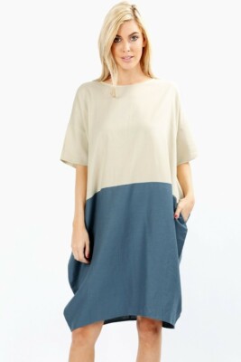 LINEN COLOR BLOCK BUBBLE DRESS WITH POCKETS (LOOSE FIT) | eBay