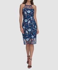 Guess Women's Blue Embroidered Floral Mesh Round Neck Sleeveless Dress Size 8