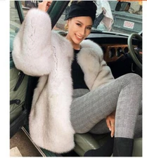 New Real Blue Fox Fur Women Coat Full Pelt Natural White Overcoat Winter Jacket 