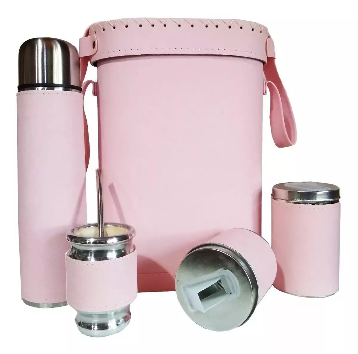 Set matero Kit Port termo Eco Cuero 1L Acero Inox Rosa Combo mate yerbera