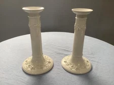 Wedgwood Embossed Queensware PAIR of 8 1/4 in. candlesticks cream on cream