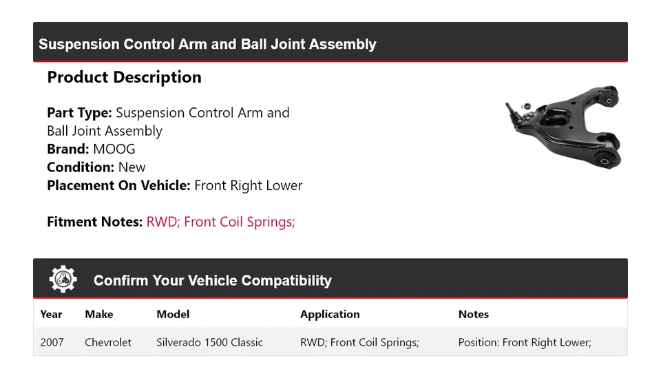 Para 2007 Chevrolet Silverado 1500 Classic RWD braço de controle dianteiro direito inferior MOOG - Imagem 2 de 4
