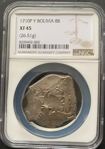 BOLIVIA, Macuquina "COB" silver coin, ca1710 P  Y BOLIVIA, NGC XF 45, 8 Reales