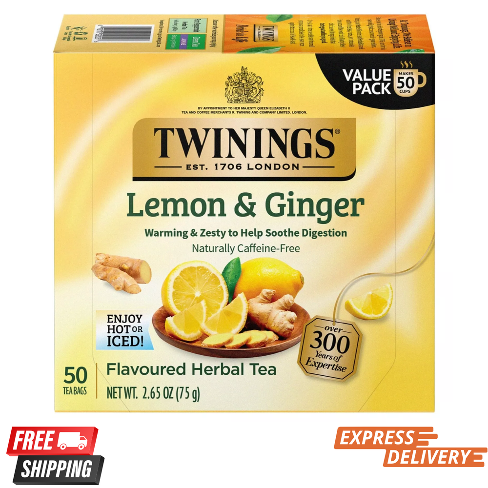 Twinings Lemon & Ginger Herbal Tea Bags, Caffeine Free, 50 Count Box
