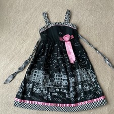 ASHLEY ANN SUNDRESS, 6, CITY SCENE ON BLACK, PINK RIBBON/FLOWER TRIM, SASH