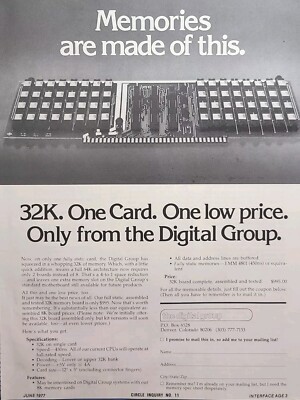 The Digital Group Denver CO 32K Memory Card Vintage Print Ad 1977