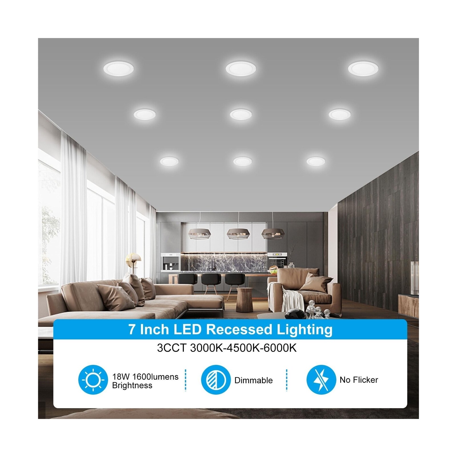 6 Pack 7 Inch 3CCT Ultra-Thin LED Recessed Light with Junction Box, 3000K/450...