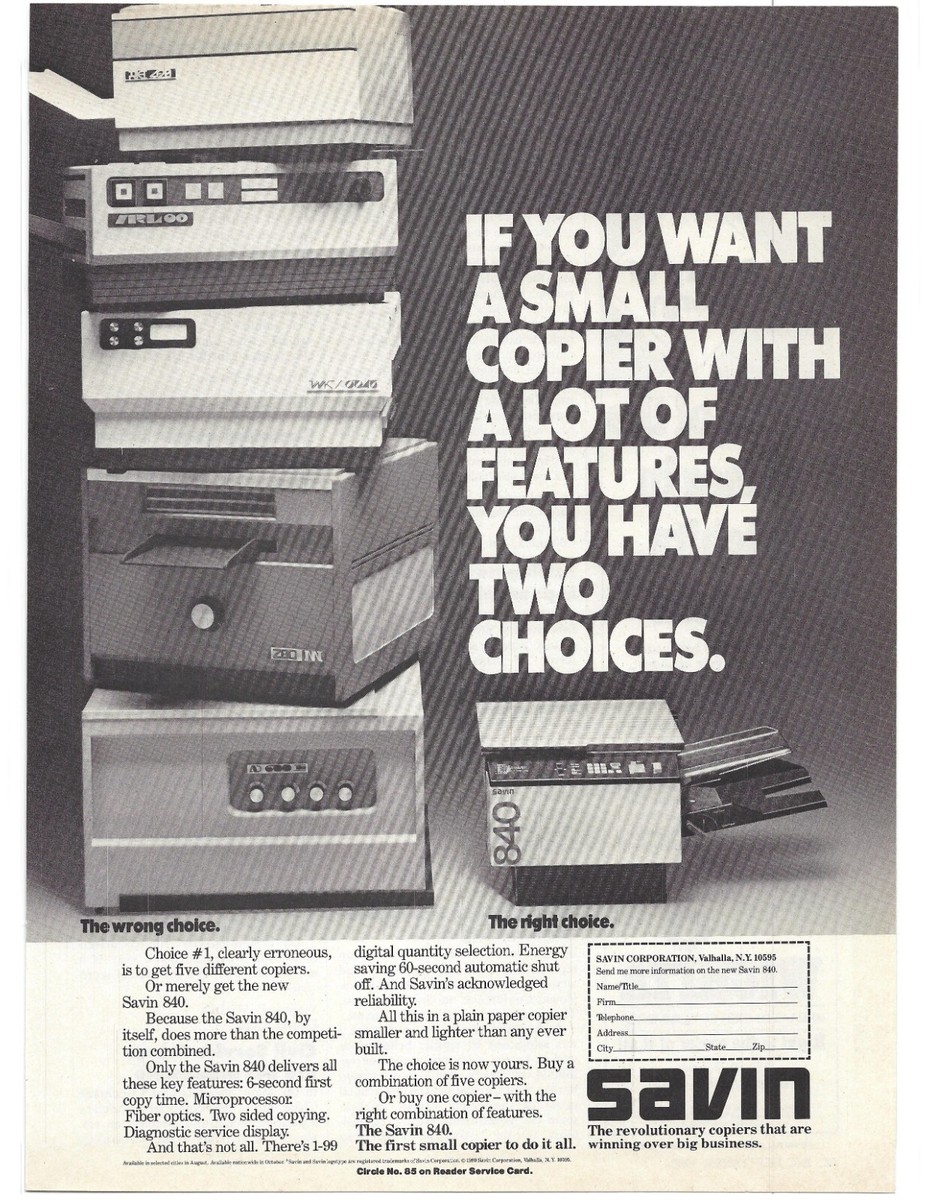 1980 Vintage Savin 840 Copier Print Ad First Small Copier To Do It