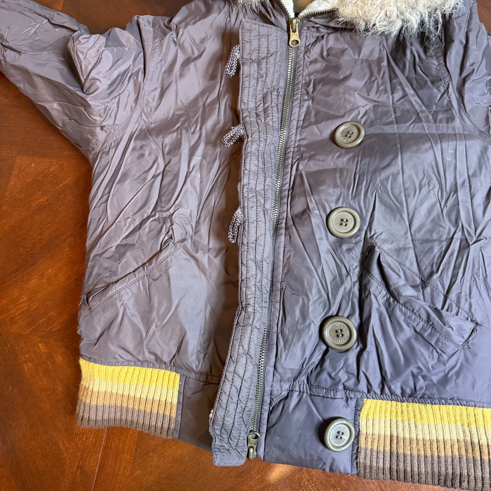 Vintage Y2K Hollister Down Puffer Jacket Womens Medium Faux Fur Hood Preppy Rare image 8