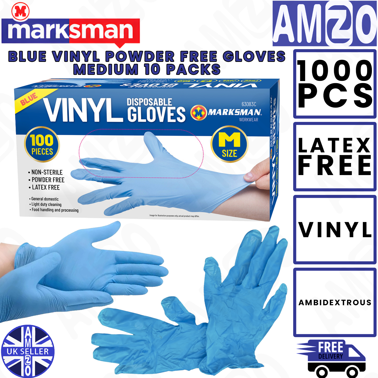 Marksman Blue Vinyl Gloves Medium 1000pcs Powder Free Latex Free Disposable