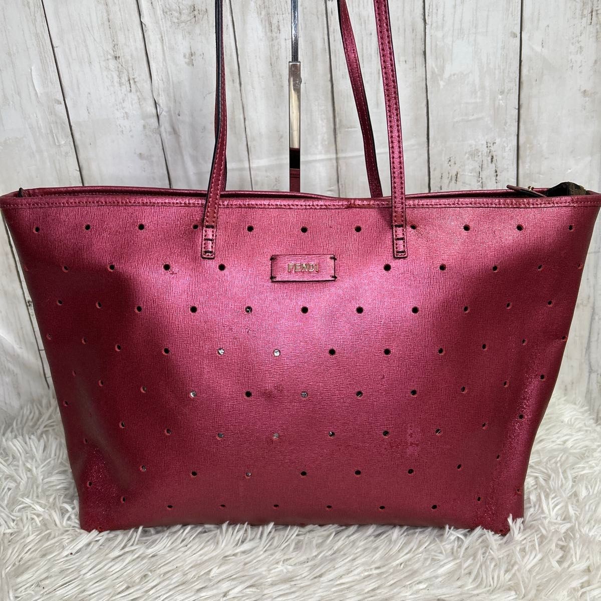 RARE FENDI Zucca Leather Tote Bag Pink Logo Large Capacity Shoulder Bag