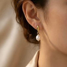 Freshwater Pearl Drop Earrings Gold Leaf Stud Dainty Minimalist Korean Bridal