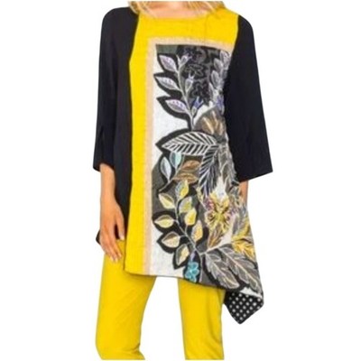 IC Collection Connie K Womens XL Tunic Top Yellow Floral Asymmetric Butterfly