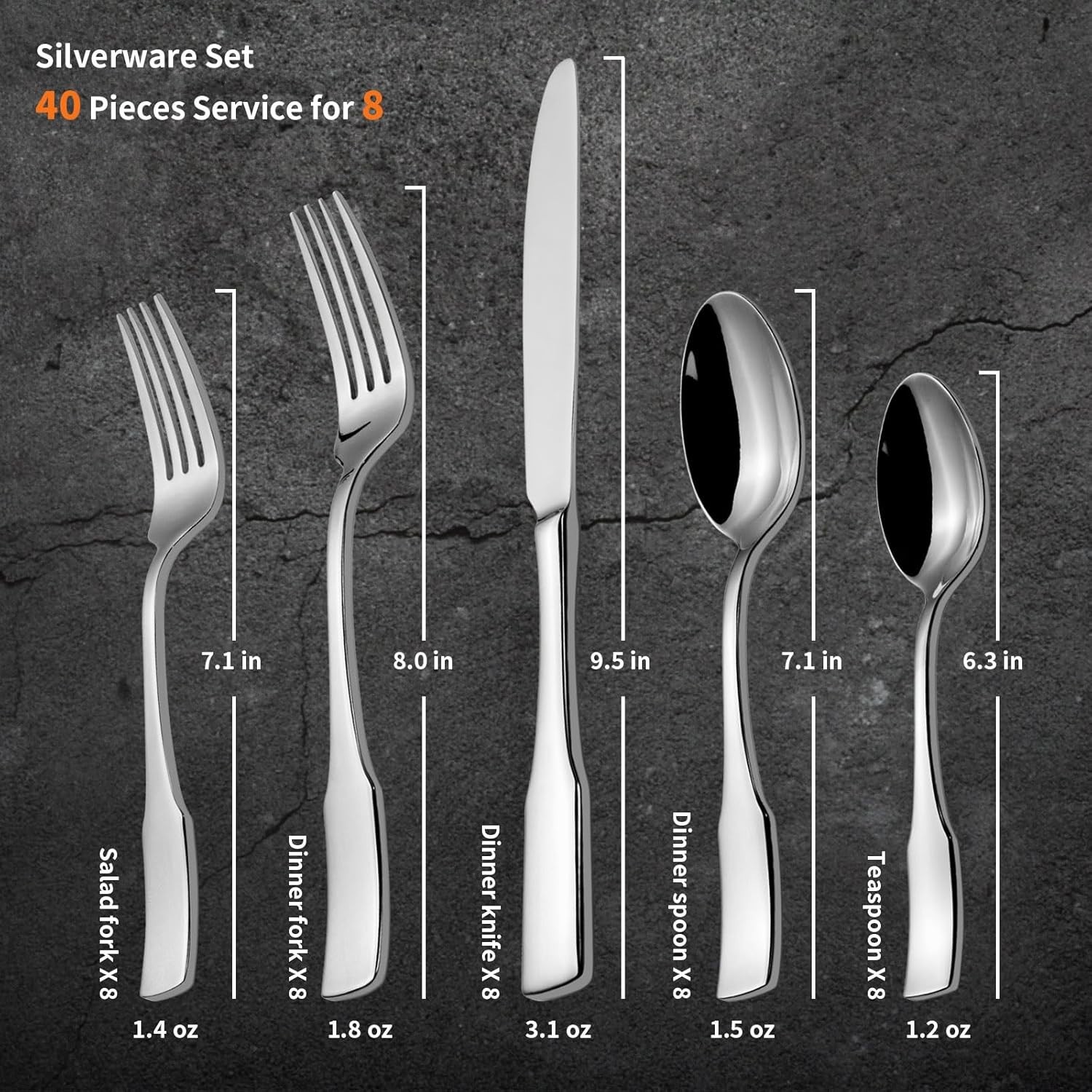 Kate 40-Piece Silverware Set, Stainless Steel Flatware