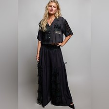 POL Black Tiered Wide Leg Pants with Textured Fringe Detail Sz Small 