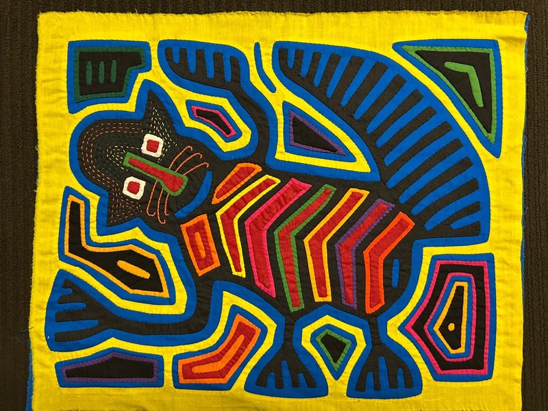 Vintage Kuna Mola Hand Stitched Textile Panel Panama Guna Folk Art Cat ? Lemur ?