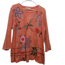 JESS & JANE Women's L Orange Floral Dragonfly Ruffle Hem Tunic Made in the USA