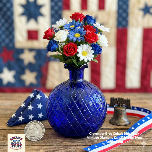 Clevenger Bros Cobalt Blue Flask Vintage Diamond Daisy Stiegel Type Ruffled Top