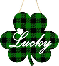 Shamrock Wooden Hanging Sign for Spring Summer, Buffalo Plaid Lucky Decorations