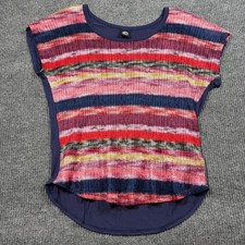 Bobeau Blouse Womens L Striped Knit Cap Sleeve Navy Pink Red Multi Made in USA