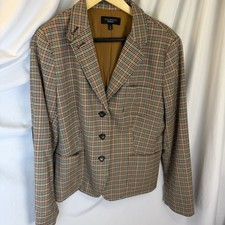 Talbots Brown Green Houndstooth Blazer Jacket Wool Blend Elbow Patches Career 16