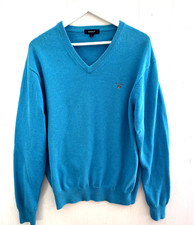 GANT Turquoise Blue V Neck Sweater Pullover Preppy Logo Size L