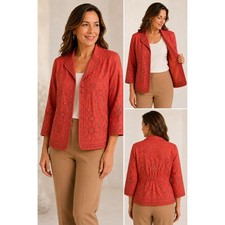 Coldwater Creek Embroidered Cotton Jacket Size 12 Coral Orange Floral Lined