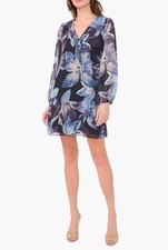 Halogen Sheer Chiffon Blue Floral Print Dress LARGE $99 NWT