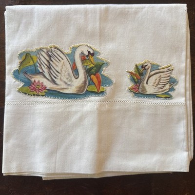 Vintage Mid-Century Swan Applique Pillowcases Set 2 Handmade 32x20.5 Cotton