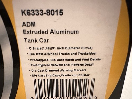 K Line O Scale K6333-8015 ADM Extruded Aluminum Tank Car - Picture 3 of 3
