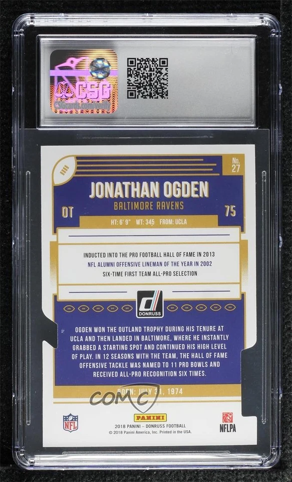 2018 Donruss Press Proof Gold Die-Cut /25 Jonathan Ogden #27 CSG 10 Gem Mint HOF - Image 2 of 2