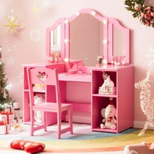 Kids Vanity Set, with Touch Light Storage Cabinet, Detachable Tri-Folding Mirror