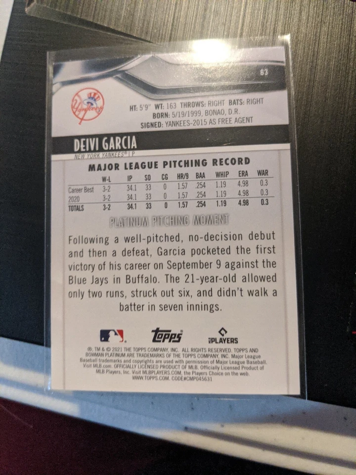 2021 Bowman Platinum Deivi Garcia Rc #63  Green Ice Foil #’ed 70/99!! Yankees - Image 2 of 2