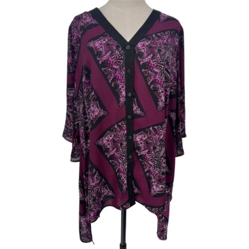 NWT Slim Factor Investments Women's Purple V-Neck 3/4 Sleeve Shirt 1X Tunic