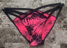 VICTORIA'S SECRET M NAVY BLUE PINK PALM SATIN SMOOTH STRAPPY RARE BIKINI PANTIES