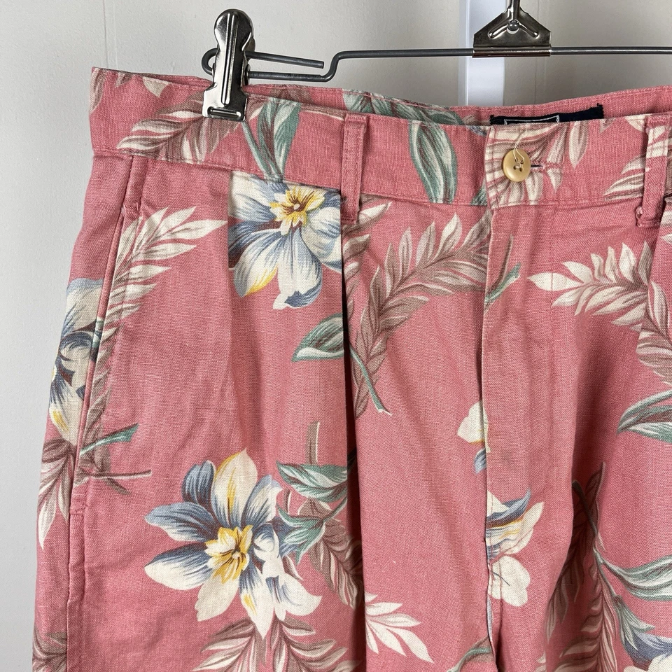 Pantalones Cortos Polo Ralph Lauren Vintage Floral Rosa Plisado Frontal Mezcla de Lino Para Hombres 32 Foto 2 de 4