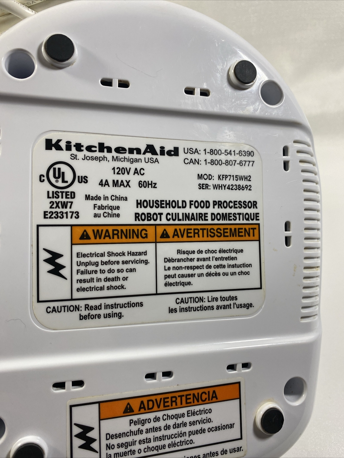 KITCHENAID Food Processor White Replacement BASE MOTOR ONLY KFP715WH2