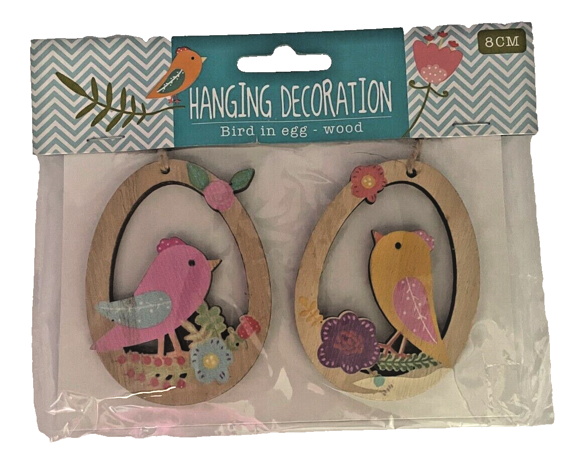2 Hanging Wooden Easter Decorations 8cm Bird in Egg