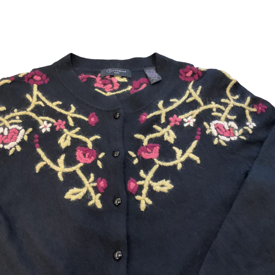 Cárdigan Suéter Lord & Taylor PM Context Negro Púrpura Rosa Floral Mascota Mediano Foto 2 de 4