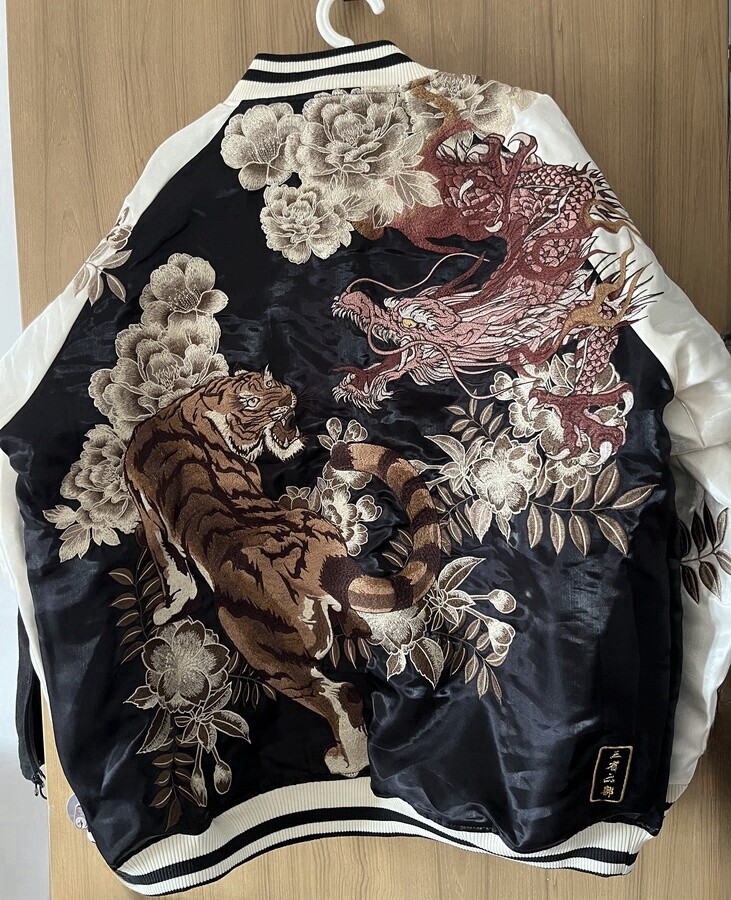 Mens Japanese Pattern Embroidery Dragon Tiger Souvenir Jacket