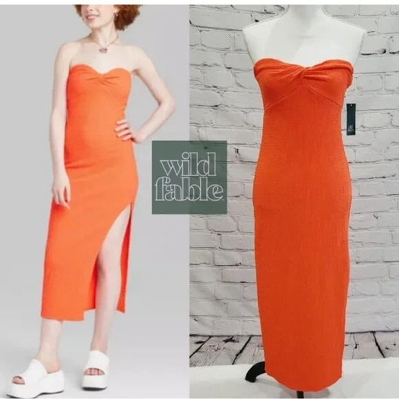 women's wild fable ruched midi tube poplin dress Wild Fable Womens Strapless Twist Detail Knit Tube Midi Bodycon Dress Orange XXL
