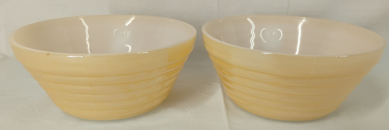 4 Fire King Peach Luster Bee Hive Ovenware Soup Bowls w/ Handles Iridescent 