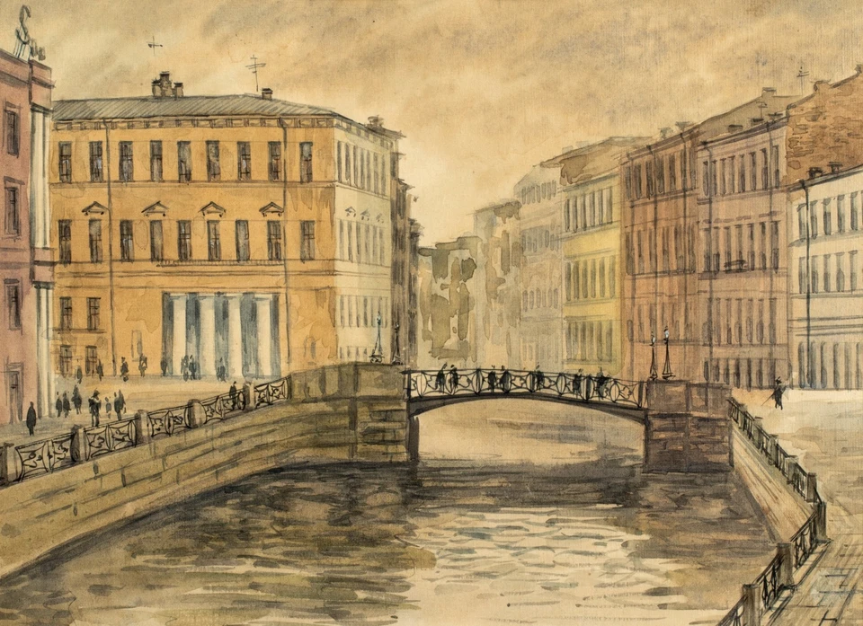 San Petersburgo, tinta y acuarela paisaje urbano, río Moyka, firmado Ovinnikov, 1936 Foto 3 de 4