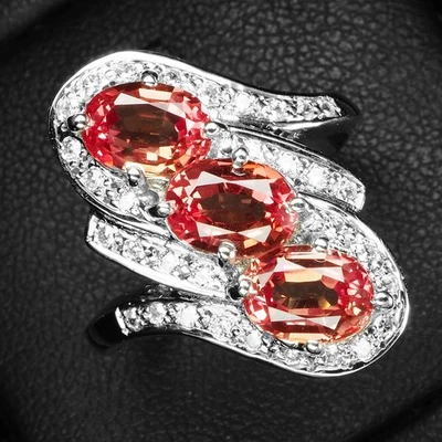 Bagues trois pierres en argent sterling 925 velours saphir Padparadscha 3,05 ct - Photo 1/4