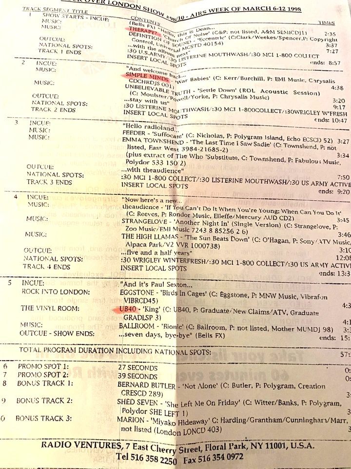 3/6/98 ROCK OVER LONDON EXCLUSIVE IN STUDIO ACOUSTIC SESSION UNBELIEVABLE TRUTH - Image 2 of 2