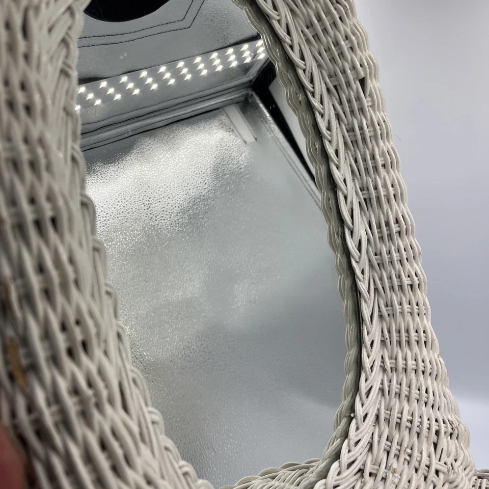 Vtg Wicker Hanging Wall Mirror With Shelf White Nautical Coastal Cottage 24"x12" - Image 4 of 4